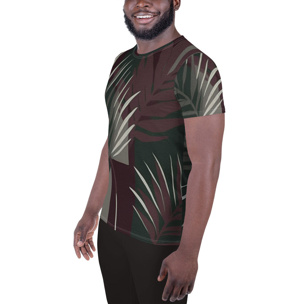 Mens Stretch Fit Athletic Sports T-shirt - Palm Tree Leaves Maroon