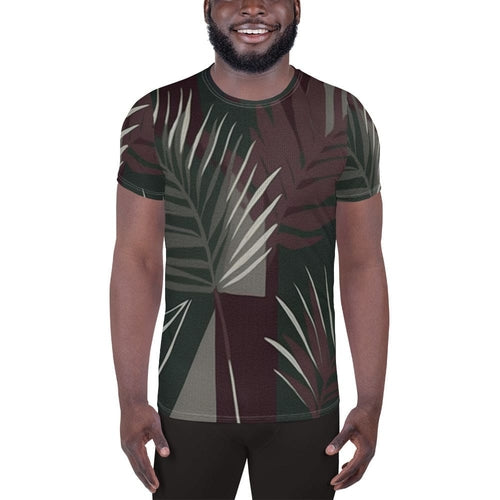 Mens Stretch Fit Athletic Sports T-shirt - Palm Tree Leaves Maroon