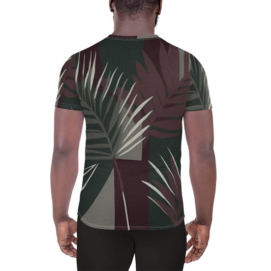 Mens Stretch Fit Athletic Sports T-shirt - Palm Tree Leaves Maroon